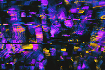 Fototapeta na wymiar Abstract purple pink orange psychedelic wavy background interlaced digital Distorted Motion glitch effect. Futuristic striped cyberpunk design Retro webpunk, rave 90s aesthetic, 80s dotted techno neon