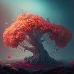 Magical forest. Magic tree with large branches and orange leaves. Nature. Generative AI