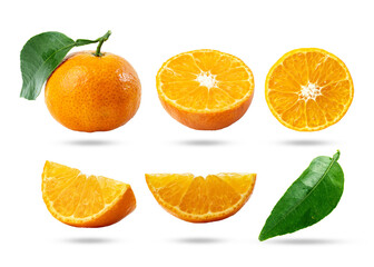 Set of ripe Tangerines or clementines with green leaf with green leaves isolated on white background.