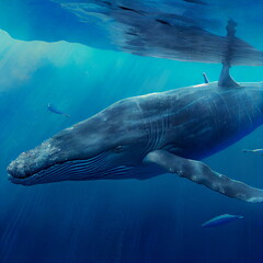 Stunning illustration of big whale swimming to the water surface, underwater view. Beautiful illustration generated by Ai