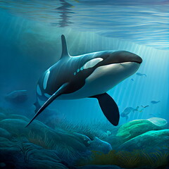 Obraz na płótnie Canvas Beautiful Orca underwater, photorealistic illustration generated by Ai