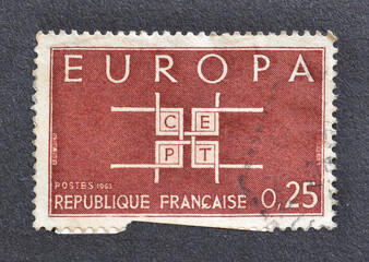 Cancelled postage stamp printed by France, that shows Europa CEPT stamp, circa 1963.