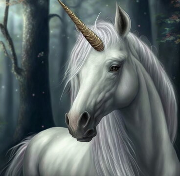 Beautiful white unicorn portrait. AI generated photorealistic illustration. Not based on original images, characters or people