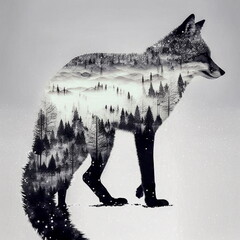 Composite image of fox and landscape. Surrealistic and creative fox double exposure portrait, illustration.