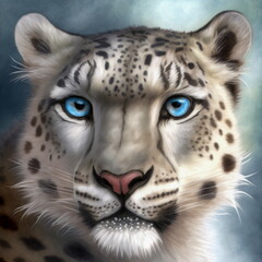 Fototapeta na wymiar Beautiful snow leopard portrait. AI generated photorealistic illustration. Not based on original images, characters or people