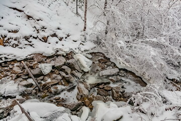 Winter landscape with snow-covered trees, a river in the forest