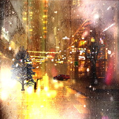  Rainy and snowy street people  with umbrella walk on evening shop windows blurred  light on wet asphalt modern buildings urban scene 3 d illustration
