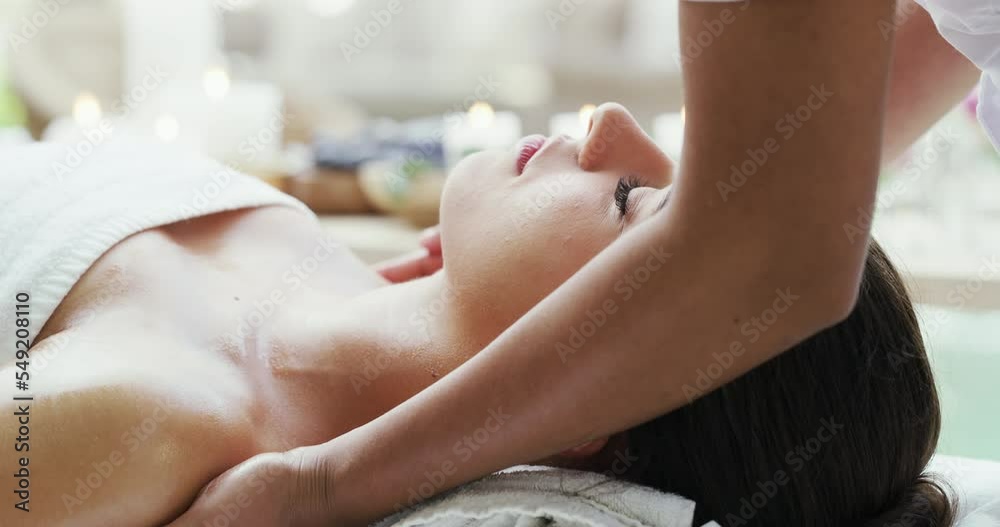 Sticker Skincare massage, spa for wellness and woman in a luxury beauty parlor for body health, stress relief and back pain. Physiotherapy healing, aromatherapy treatment to relax and holistic zen meditation