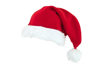 Fototapeta Real photo of a red Christmas Santa Claus hat with a white pompom, Santa hat isolated on transparent background, holiday greetings, png file obraz