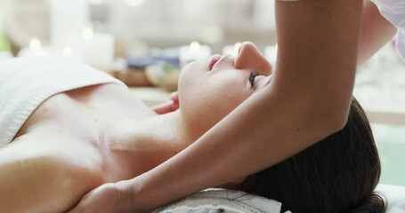 Skincare massage, spa for wellness and woman in a luxury beauty parlor for body health, stress relief and back pain. Physiotherapy healing, aromatherapy treatment to relax and holistic zen meditation