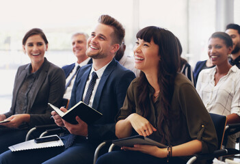 Diversity, happy or business people in workshop success presentation, business meeting or company...