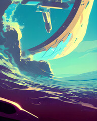 Spaceship Surfing on a Giant Wave - Futuristic Digital Art
