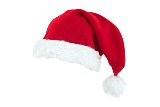 Real photo of a red Christmas Santa Claus hat with a white pompom, Santa hat isolated on transparent background, holiday greetings, png file