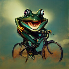 A frog traveler rides a bicycle.