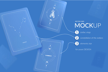 Realistic mockups of blue cards floating in the air background
