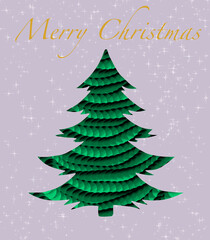 Merry Christmas greeting card. Christmas tree with snow. Illustration. 