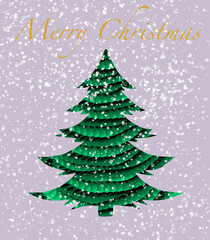 Merry Christmas greeting card. Christmas tree with snow. Illustration. 