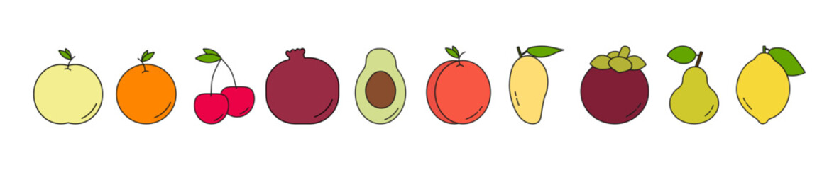 Mango, apple, orange, pomegranate, avocado, peach, mangosteen, pear, lemon flat design vector illustration isolated on white background. Vegetarian food. Healthy diet. Vector illustration design.