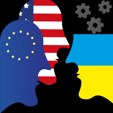 The profile of a person face in the colors of the American, EU and Ukrainian flags with gears on a black background. The confrontation between Russia and the United States concept.