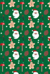 Christmas pattern with Santa Claus, ginderbread and  pine cones on green background.Beautiful christmas doodles seamless pattern
