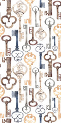 Watercolor seamless pattern antique keys on a white background.Rusty iron key, vintage illustration.For your design fabrics, wrapping paper, stationery.