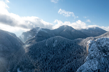 Carpathian, Romania, 2021-12-28. Romanian mountain illuminated by the sun with conifers under the snow.