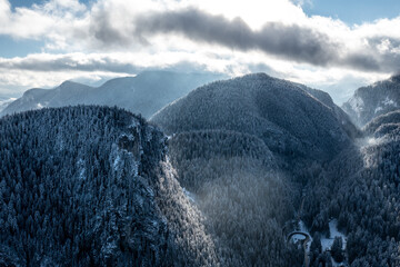 Carpathian, Romania, 2021-12-28. Romanian mountain illuminated by the sun with conifers under the snow.