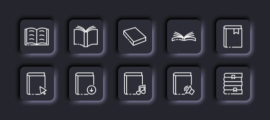 Books set icon. Paper, ebook, magazine, flipping, open, closed, bookmark, cursor, audiobook, upload, note, volume, stack. Knowledge concept. Neomorphism. Vector line icon for Business and Advertising