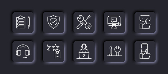 Feedback set icon. Clipboard, checklist, shield, tick, screwdriver, wrench, comment, message, like, positive feedback, headset, rating, rate, operator, fix. Communication concept. Neomorphism style