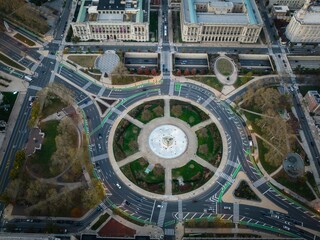 Drone view of a roundabout with trees in Philadelphia City in Pennsylvania