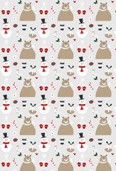 Christmas pattern with bears, snowman and puding on grey background.Beautiful christmas doodles seamless pattern
