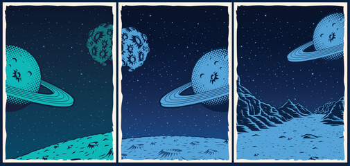 Set of vintage cosmic posters with planets © Harry Kasyanov