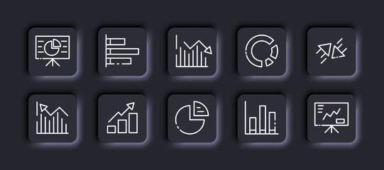 Statistics set icon. Infographic, chart, graph, pie, bar, arrows, visual aid, presentation, growth, decline, flipchart, strategy, targeting, diagram. Business concept. Neomorphism. Vector line icon