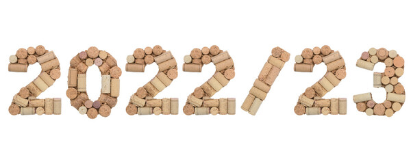 New year 2022 slash 23 numbers made of wine corks isolated on white