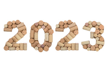 New year 2023 numbers made of wine corks isolated on white