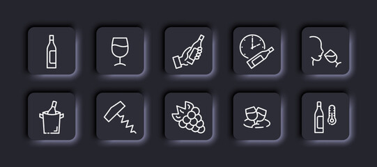 Wine set icon. Bottle, glass, champagne, grapes, clock, aging, corkscrew, thermometer, temperature, storage conditions, tasting, sommelier. Restaurant concept. Neomorphism style. Vector line icon