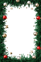 Baubles and Christmas wreath frame, holidays card, 3d render.