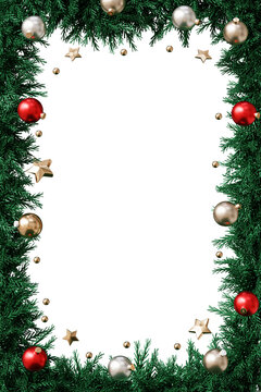 Baubles and Christmas wreath frame, holidays card, 3d render.