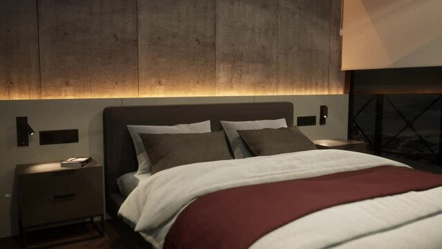 3d-rendering. A bed in a hotel room in a modern style in the evening.