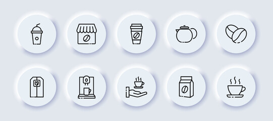 Tea and coffee set icon. Drink, cup, mug, straw, cafe, cardboard, coffee pot, bag, hand, machine, hot, steam. Beverage concept. Neomorphism style. Vector line icon for Business and Advertising