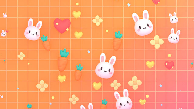 3d rendered kawaii bunnies, hearts, flowers, and carrots wallpaper.