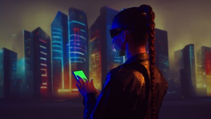 Portrait of cyberpunk girl with a smartphone. Beautiful young woman on the background of city...