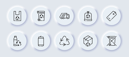 Recycling set icon. Biodegradable bag, arrows, waste sorting, trash can, secondary raw materials bag, battery, bottle, tin, cardboard, do not throw away. Ecology concept. Neomorphism. Vector line icon