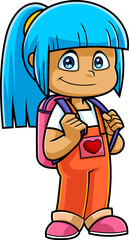 Cute School Girl Cartoon Character With Backpack Standing. Hand Drawn Illustration Isolated On Transparent Background