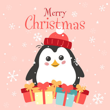 Merry christmas card with penguin and gift