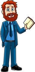 Male Teacher Cartoon Character Holding A Textbook And Speak. Hand Drawn Illustration Isolated On Transparent Background