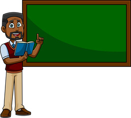 African American Teacher Cartoon Character Read From A Textbook And Pointing To Green Chalk Board. Hand Drawn Illustration Isolated On Transparent Background