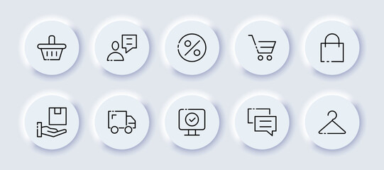 Shopping set icon. Shopping cart, consultant, customer, percentage, discount, package, purchase, wallet, truck, delivery service, computer, online store, hanger. Sale concept. Neomorphism style