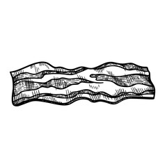 Hand drawn sketch style bacon slice. Fresh or roasted fried bacon piece. Breakfast ingredient. Butcher meat product. Vector illustration isolated on white background.