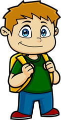 Happy School Boy Cartoon Character With Backpack. Hand Drawn Illustration Isolated On Transparent Background
